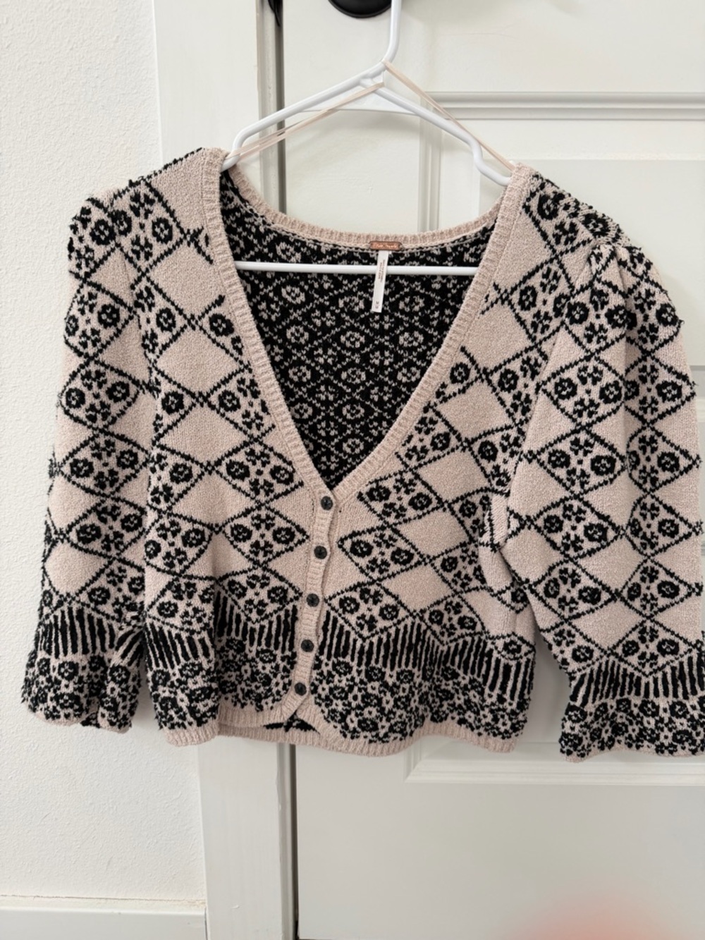 Free People Cream and Black Jacquard V-Neck Cardigan